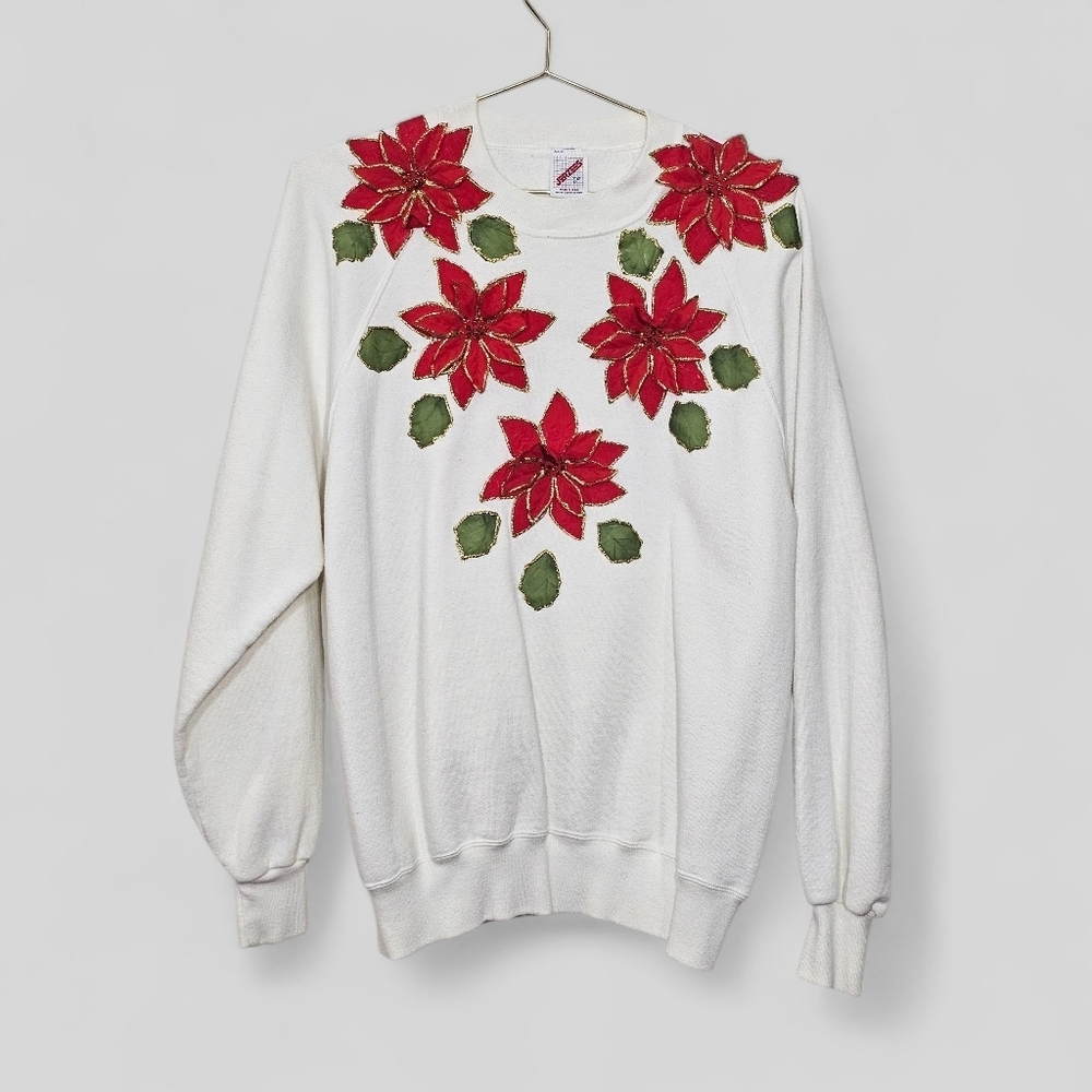 Vintage Jerzees Womens Christmas Poinsettias‎ Sweatshirt LARGE Pull Over